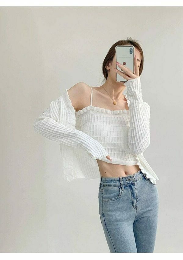 Soft Knit Crop Cardigan Set with Cami Top - Y2K Streetwear Aesthetic