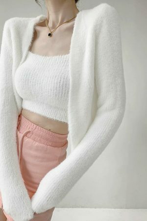 Soft Knit Crop Cardigan Set with Cami Top - Y2K Streetwear Aesthetic