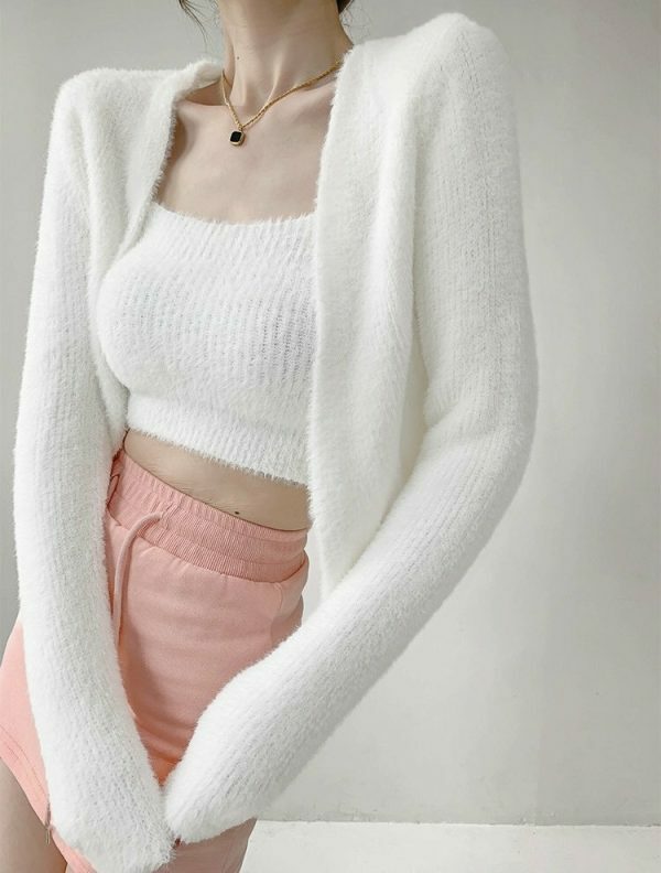 Soft Knit Crop Cardigan Set with Cami Top - Y2K Streetwear Aesthetic