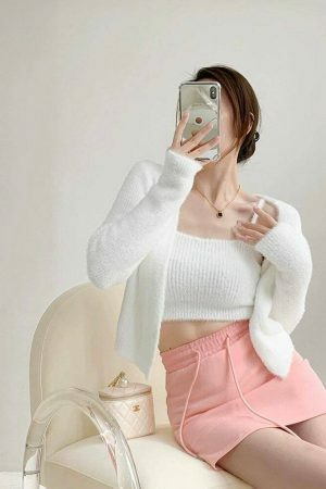 Soft Knit Crop Cardigan Set with Cami Top - Y2K Streetwear Aesthetic