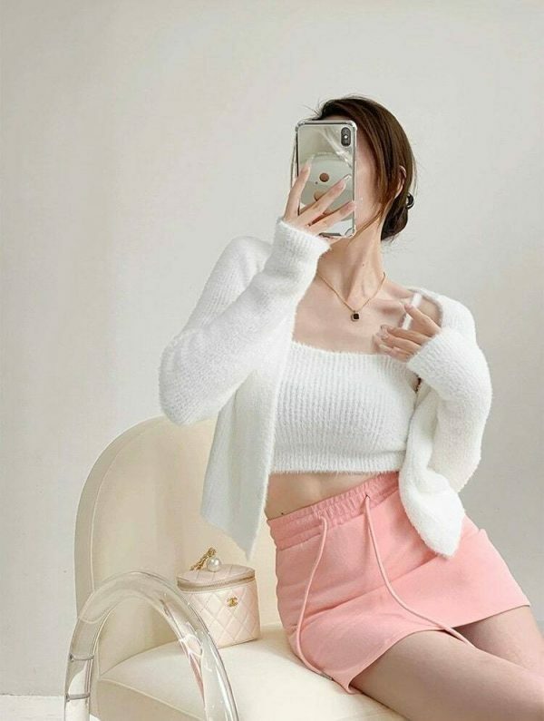 Soft Knit Crop Cardigan Set with Cami Top - Y2K Streetwear Aesthetic