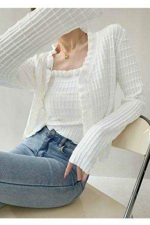 Soft Knit Crop Cardigan Set with Cami Top - Y2K Streetwear Aesthetic