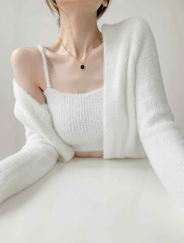 Soft Knit Crop Cardigan Set with Cami Top - Y2K Streetwear Aesthetic