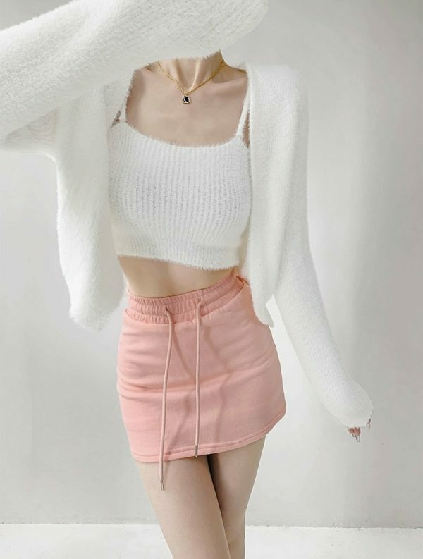 Soft Knit Crop Cardigan Set with Cami Top - Y2K Streetwear Aesthetic