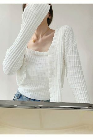 Soft Knit Crop Cardigan Set with Cami Top - Y2K Streetwear Aesthetic