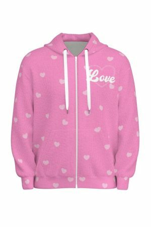 Soft Pink Waffle Chenille Sweet Heart Y2K Zip Up Hoodie