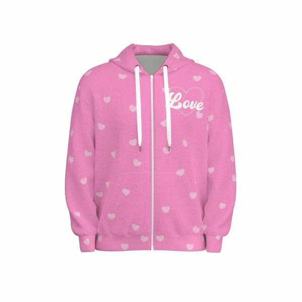 Soft Pink Waffle Chenille Sweet Heart Y2K Zip Up Hoodie