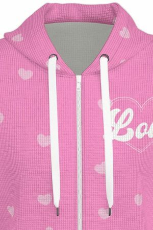 Soft Pink Waffle Chenille Sweet Heart Y2K Zip Up Hoodie