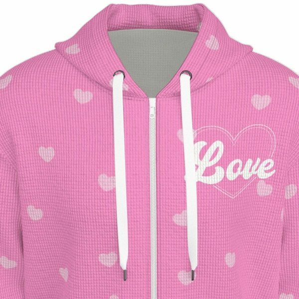 Soft Pink Waffle Chenille Sweet Heart Y2K Zip Up Hoodie