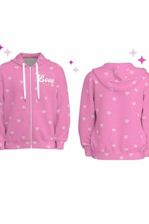 Soft Pink Waffle Chenille Sweet Heart Y2K Zip Up Hoodie