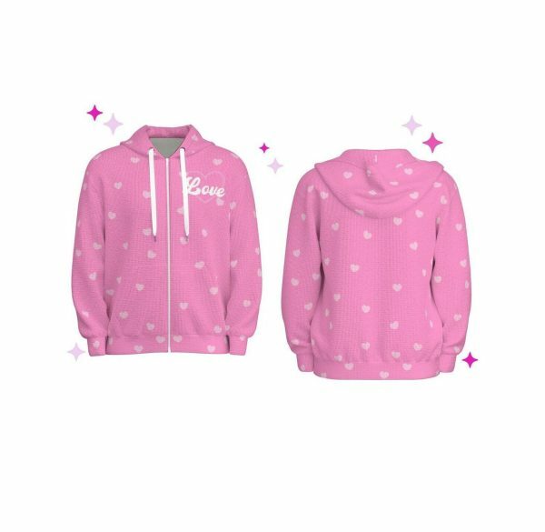 Soft Pink Waffle Chenille Sweet Heart Y2K Zip Up Hoodie