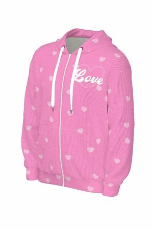 Soft Pink Waffle Chenille Sweet Heart Y2K Zip Up Hoodie