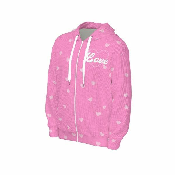 Soft Pink Waffle Chenille Sweet Heart Y2K Zip Up Hoodie