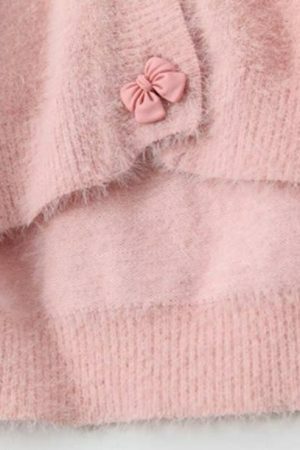 Soft Wool Handknit Pink Cardigan Sweater with Embroidered Heart & Bow Buttons - Y2K Streetwear Fashion