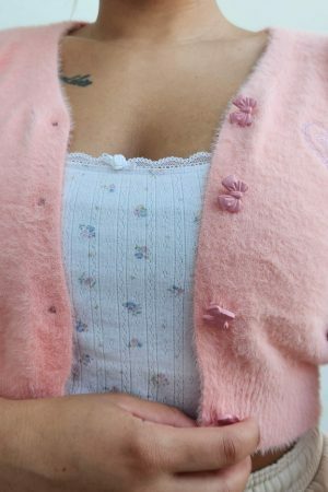 Soft Wool Handknit Pink Cardigan Sweater with Embroidered Heart & Bow Buttons - Y2K Streetwear Fashion