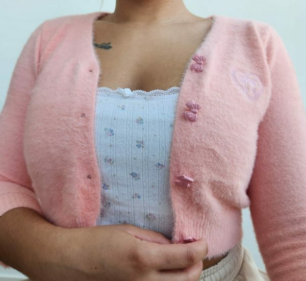 Soft Wool Handknit Pink Cardigan Sweater with Embroidered Heart & Bow Buttons - Y2K Streetwear Fashion