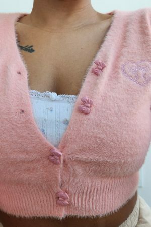 Soft Wool Handknit Pink Cardigan Sweater with Embroidered Heart & Bow Buttons - Y2K Streetwear Fashion