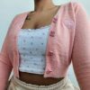 Soft Wool Handknit Pink Cardigan Sweater with Embroidered Heart & Bow Buttons - Y2K Streetwear Fashion