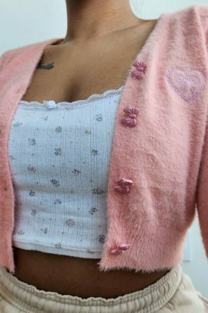 Soft Wool Handknit Pink Cardigan Sweater with Embroidered Heart & Bow Buttons - Y2K Streetwear Fashion