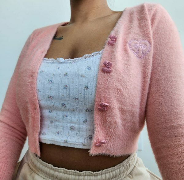 Soft Wool Handknit Pink Cardigan Sweater with Embroidered Heart & Bow Buttons - Y2K Streetwear Fashion