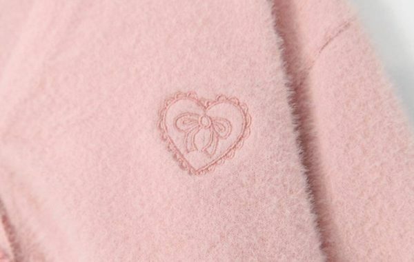 Soft Wool Handknit Pink Cardigan Sweater with Embroidered Heart & Bow Buttons - Y2K Streetwear Fashion