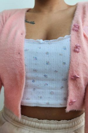 Soft Wool Handknit Pink Cardigan Sweater with Embroidered Heart & Bow Buttons - Y2K Streetwear Fashion