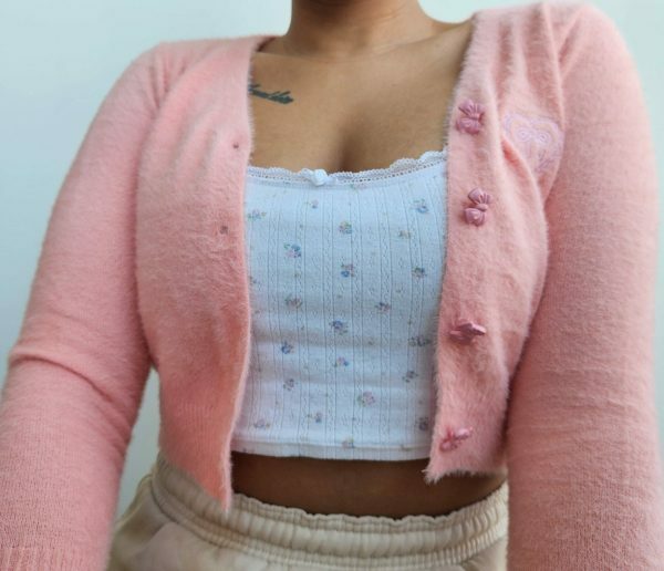 Soft Wool Handknit Pink Cardigan Sweater with Embroidered Heart & Bow Buttons - Y2K Streetwear Fashion