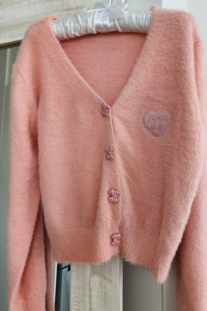 Soft Wool Handknit Pink Cardigan Sweater with Embroidered Heart & Bow Buttons - Y2K Streetwear Fashion