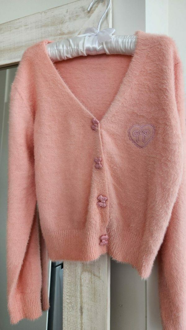 Soft Wool Handknit Pink Cardigan Sweater with Embroidered Heart & Bow Buttons - Y2K Streetwear Fashion