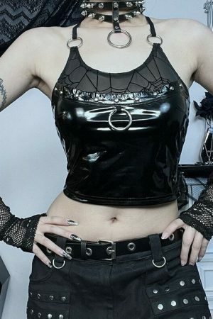 Spider Web Punk Grunge Black Bandage Camisole Gothic Faux Leather Backless Crop Top