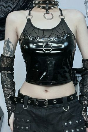 Spider Web Punk Grunge Black Bandage Camisole Gothic Faux Leather Backless Crop Top