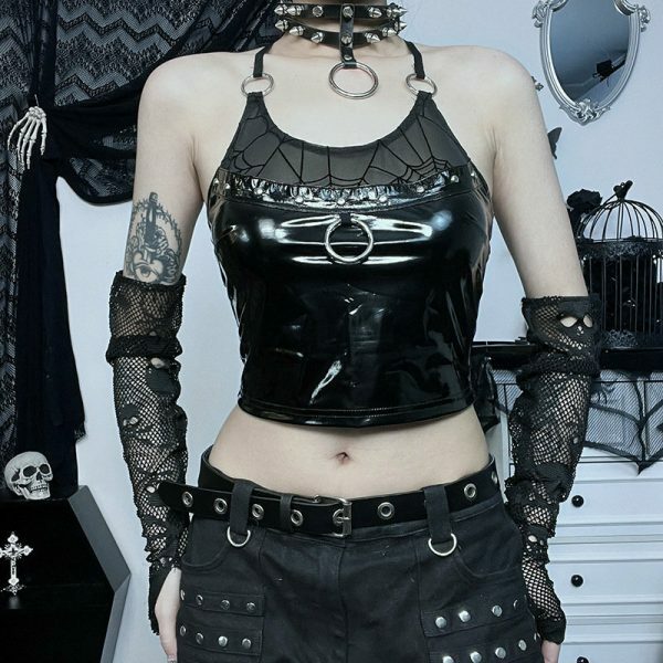 Spider Web Punk Grunge Black Bandage Camisole Gothic Faux Leather Backless Crop Top