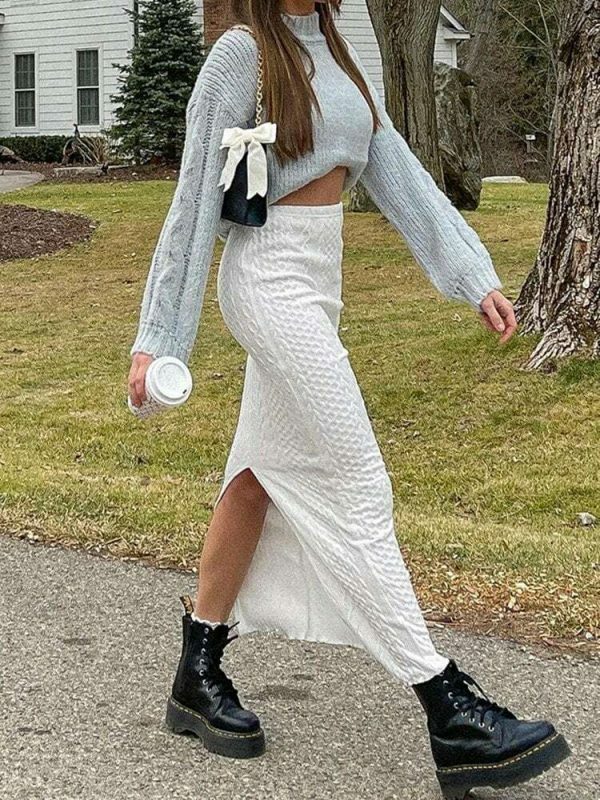 Spring Y2K High Waist White Split Midi Skirt - Korean Streetwear