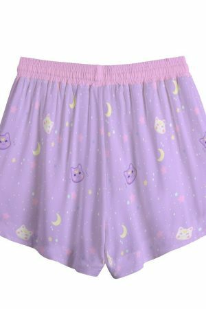 Stardust Kitty Y2K Boho Pocket Shorts - Pastel Moon Cat Aesthetic