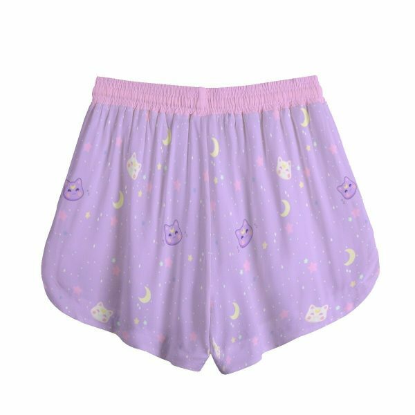 Stardust Kitty Y2K Boho Pocket Shorts - Pastel Moon Cat Aesthetic