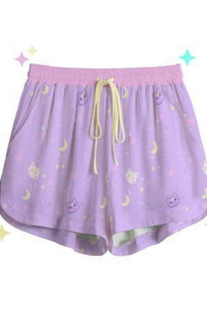 Stardust Kitty Y2K Boho Pocket Shorts - Pastel Moon Cat Aesthetic