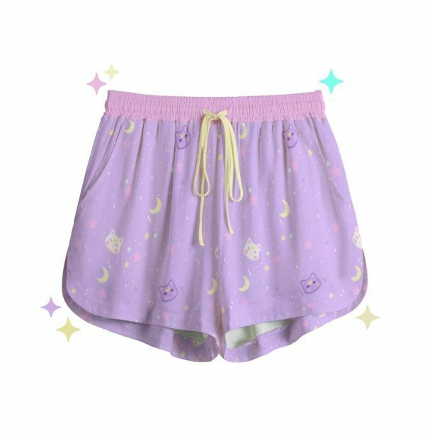 Stardust Kitty Y2K Boho Pocket Shorts - Pastel Moon Cat Aesthetic