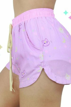 Stardust Kitty Y2K Boho Pocket Shorts - Pastel Moon Cat Aesthetic