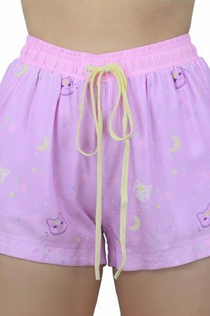 Stardust Kitty Y2K Boho Pocket Shorts - Pastel Moon Cat Aesthetic