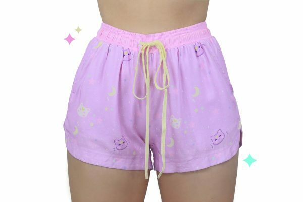 Stardust Kitty Y2K Boho Pocket Shorts - Pastel Moon Cat Aesthetic