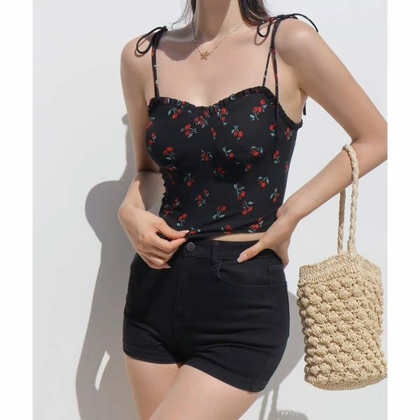 Strappy Black Cami Crop Top with Red Roses - Y2K French Retro Streetwear