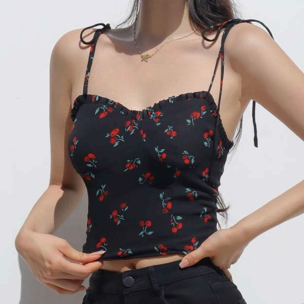 Strappy Black Cami Crop Top with Red Roses - Y2K French Retro Streetwear