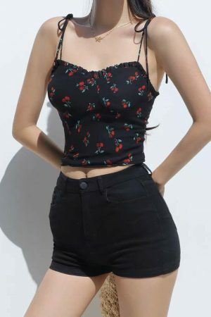 Strappy Black Cami Crop Top with Red Roses - Y2K French Retro Streetwear