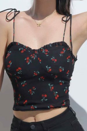 Strappy Black Cami Crop Top with Red Roses - Y2K French Retro Streetwear