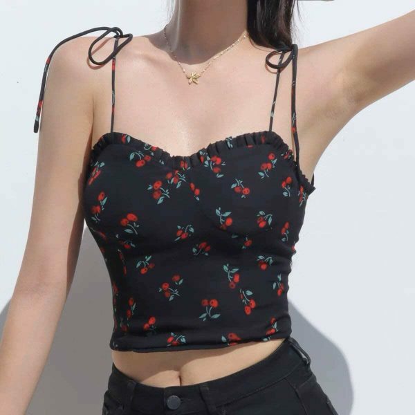 Strappy Black Cami Crop Top with Red Roses - Y2K French Retro Streetwear