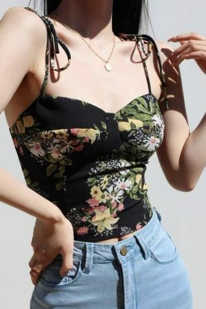 Strappy Black Cami Crop Top with Yellow Flowers - Y2K Streetwear Aesthetic