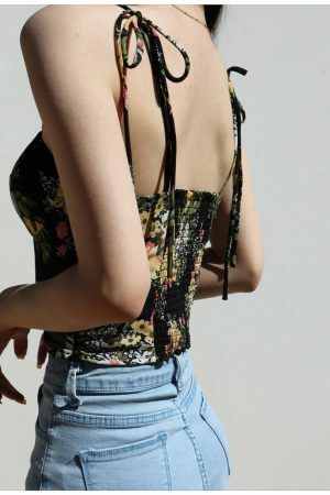 Strappy Black Cami Crop Top with Yellow Flowers - Y2K Streetwear Aesthetic