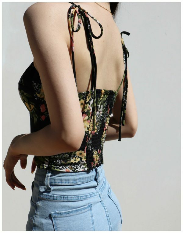 Strappy Black Cami Crop Top with Yellow Flowers - Y2K Streetwear Aesthetic