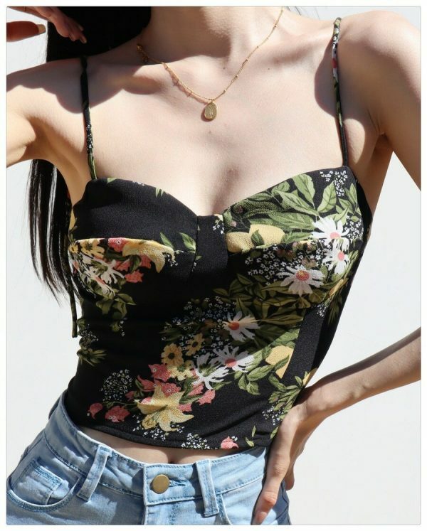 Strappy Black Cami Crop Top with Yellow Flowers - Y2K Streetwear Aesthetic