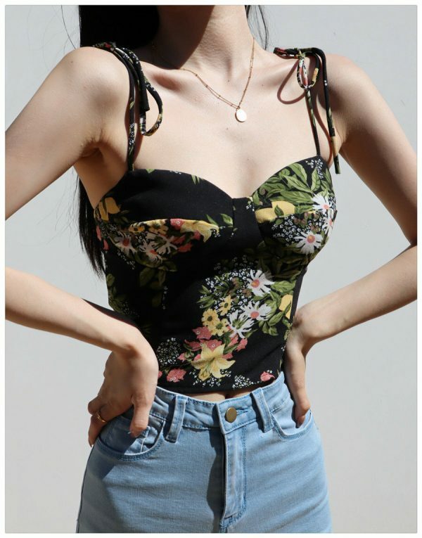 Strappy Black Cami Crop Top with Yellow Flowers - Y2K Streetwear Aesthetic